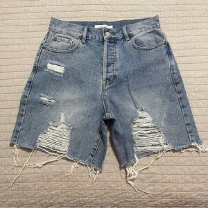PACSUN Women's High Rise Boy Shorts 27 Distressed Denim Blue Jean Cutoff